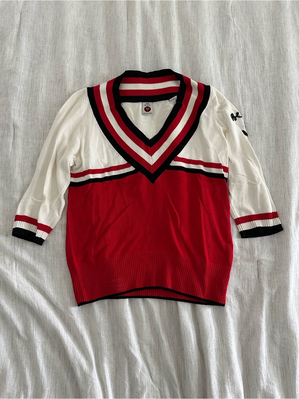 Scotch & Soda Red, White & Black Striped V‑Neck Pullover